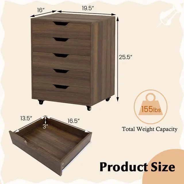Alt view image 3 of 7 - 5-Drawer Vertical File Cabinet, Mobile Office Storage Cabinet with Drawers, Large Capacity, 2 Lockable Casters and Universal Wheels, Under Desk Side Printer Stand Rolling File Cabinet (Walnut)