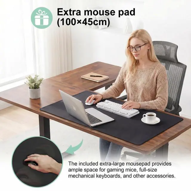 Alt view image 5 of 7 - 63x55 L Standing Adjustable Desk with 39x18 Mouse Pad, Brown | Corner Electric Stand Up Desk Adjustable Height with Hooks, Home Office Writing Gaming Studying Big Computer Workstation