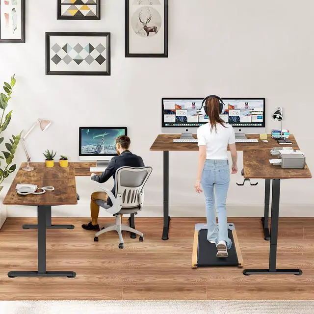 Alt view image 4 of 7 - 63x55 L Standing Adjustable Desk with 39x18 Mouse Pad, Brown | Corner Electric Stand Up Desk Adjustable Height with Hooks, Home Office Writing Gaming Studying Big Computer Workstation