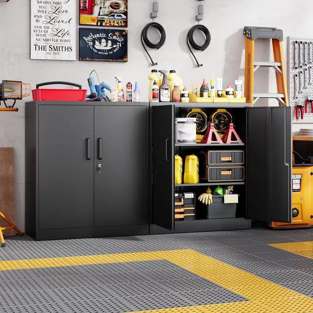 Alt view image 6 of 7 - Metal Storage Cabinets with Lock, Small Locker Steel Cabinets, Adjustable Shelves 2 Doors for Home,Office, Warehouse,Garage(Black-36)