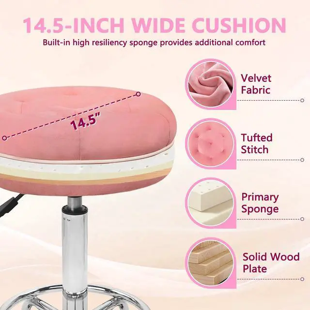Alt view image 4 of 7 - Velet Rolling Bar Stool with Wheels, Tall Drafting Stool with Adjustable Height and Footrest, Multi-Purpose Office Desk Chair for Home Kitchen Shop Work, Pink (2PK)