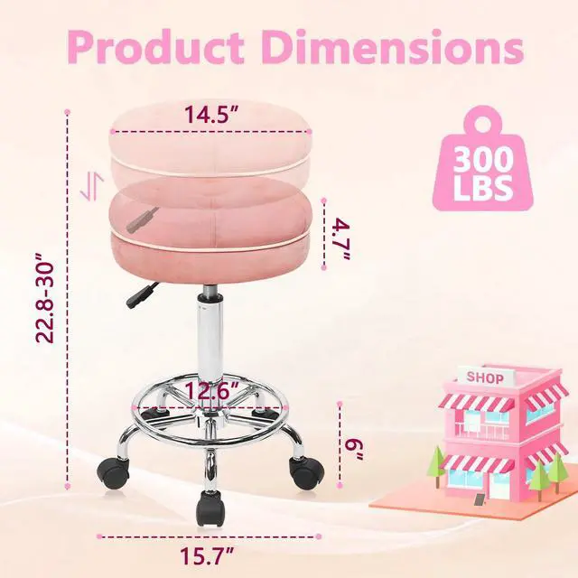 Alt view image 3 of 7 - Velet Rolling Bar Stool with Wheels, Tall Drafting Stool with Adjustable Height and Footrest, Multi-Purpose Office Desk Chair for Home Kitchen Shop Work, Pink (2PK)