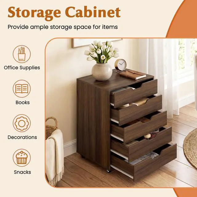 Alt view image 6 of 7 - 5-Drawer Vertical File Cabinet, Mobile Office Storage Cabinet with Drawers, Large Capacity, 2 Lockable Casters and Universal Wheels, Under Desk Side Printer Stand Rolling File Cabinet (Walnut)