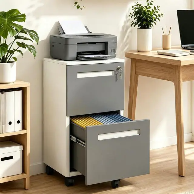 Alt view image 2 of 7 - 2 Drawer Metal File Cabinet with Lock, Mobile Filing Cabinet, Grey | 18"D x 15"W x 27"H, Fully Assembled Rolling File Cabinet, Fits Letter/Legal/A4, Under Desk Printer Stand Home Office