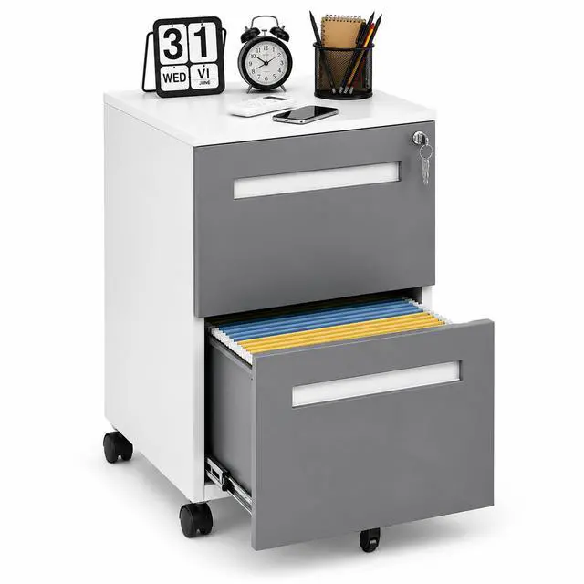 Main image of 2 Drawer Metal File Cabinet with Lock, Mobile Filing Cabinet, Grey | 18"D x 15"W x 27"H, Fully Assembled Rolling File Cabinet, Fits Letter/Legal/A4, Under Desk Printer Stand Home Office