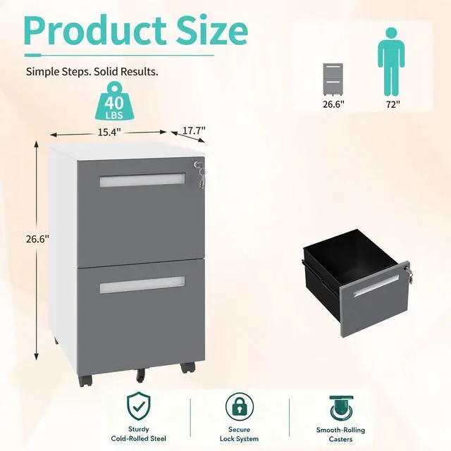 Alt view image 3 of 7 - 2 Drawer Metal File Cabinet with Lock, Mobile Filing Cabinet, Grey | 18"D x 15"W x 27"H, Fully Assembled Rolling File Cabinet, Fits Letter/Legal/A4, Under Desk Printer Stand Home Office