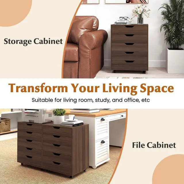 Alt view image 7 of 7 - 5-Drawer Vertical File Cabinet, Mobile Office Storage Cabinet with Drawers, Large Capacity, 2 Lockable Casters and Universal Wheels, Under Desk Side Printer Stand Rolling File Cabinet (Walnut)