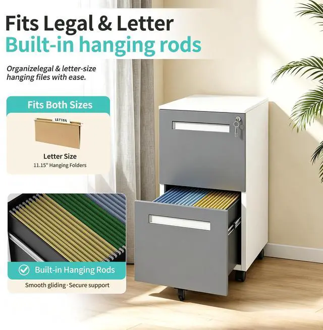 Alt view image 4 of 7 - 2 Drawer Metal File Cabinet with Lock, Mobile Filing Cabinet, Grey | 18"D x 15"W x 27"H, Fully Assembled Rolling File Cabinet, Fits Letter/Legal/A4, Under Desk Printer Stand Home Office