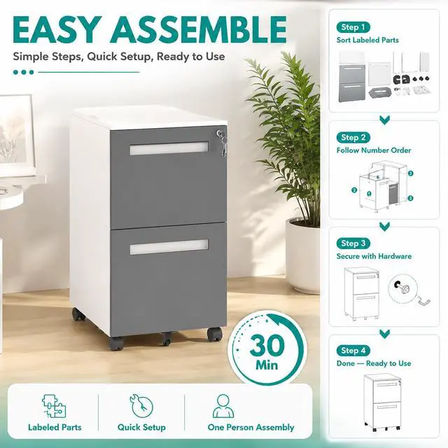 Alt view image 5 of 7 - 2 Drawer Metal File Cabinet with Lock, Mobile Filing Cabinet, Grey | 18"D x 15"W x 27"H, Fully Assembled Rolling File Cabinet, Fits Letter/Legal/A4, Under Desk Printer Stand Home Office