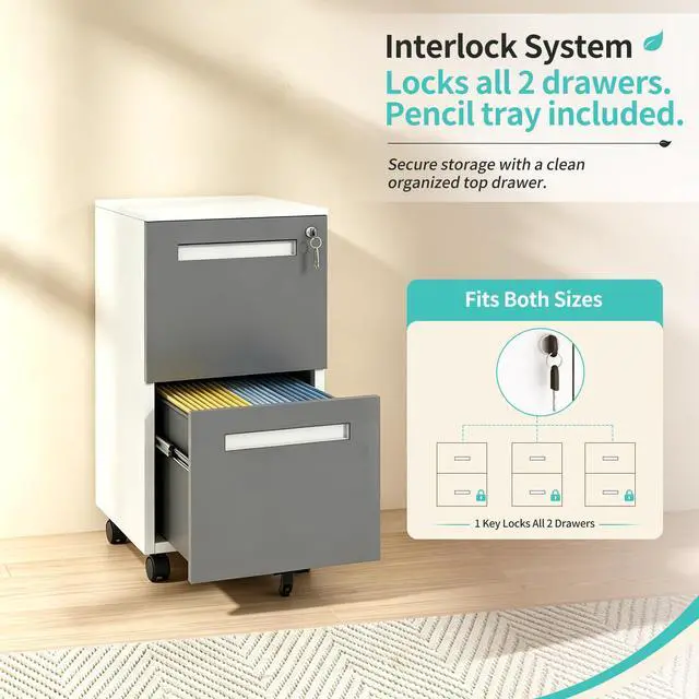 Alt view image 7 of 7 - 2 Drawer Metal File Cabinet with Lock, Mobile Filing Cabinet, Grey | 18"D x 15"W x 27"H, Fully Assembled Rolling File Cabinet, Fits Letter/Legal/A4, Under Desk Printer Stand Home Office