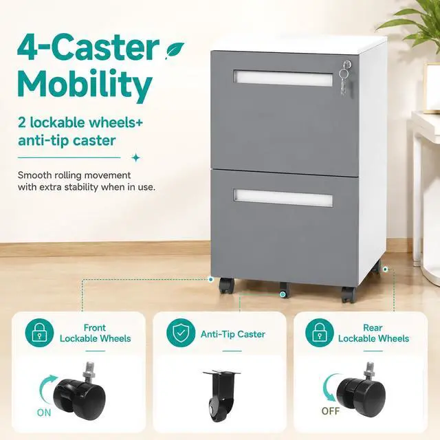 Alt view image 6 of 7 - 2 Drawer Metal File Cabinet with Lock, Mobile Filing Cabinet, Grey | 18"D x 15"W x 27"H, Fully Assembled Rolling File Cabinet, Fits Letter/Legal/A4, Under Desk Printer Stand Home Office