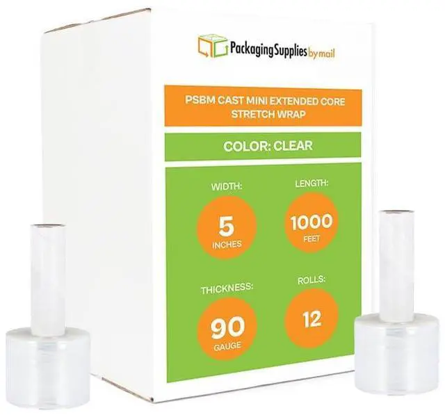 Main image of PSBM Mini Stretch Wrap with Extended Core Handles, 12 Rolls 5 Inch x 1000 Feet 90 Gauge Heavy Duty Clear Plastic Wrap Industrial Strength Shrink Film for Moving, Packing & Shipping
