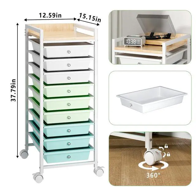 Alt view image 2 of 6 - 10 Tier Rolling Storage Utility Cart Organizers with 9 Drawers and Metal Fence Wooden Tabletop (Green)