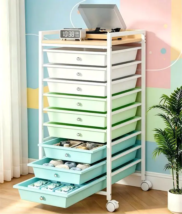 Alt view image 3 of 6 - 10 Tier Rolling Storage Utility Cart Organizers with 9 Drawers and Metal Fence Wooden Tabletop (Green)