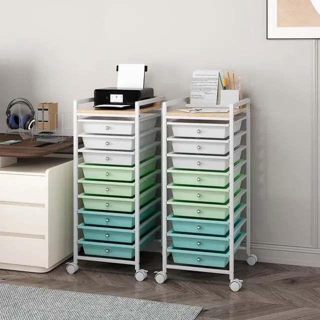 Alt view image 5 of 6 - 10 Tier Rolling Storage Utility Cart Organizers with 9 Drawers and Metal Fence Wooden Tabletop (Green)