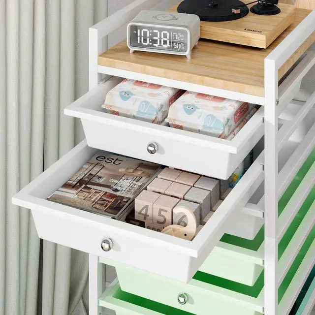 Alt view image 6 of 6 - 10 Tier Rolling Storage Utility Cart Organizers with 9 Drawers and Metal Fence Wooden Tabletop (Green)