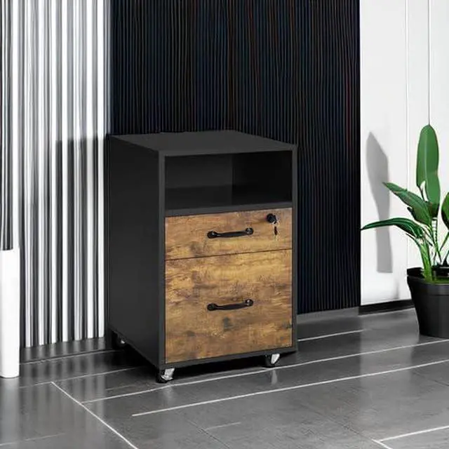 Alt view image 2 of 7 - 2-Drawer File Cabinet with Lock, Under Desk Storage, Rustic Brown | Lockable drawer holds hanging files; a small drawer and open shelf fit under a desk; rolls on casters, two-tone wood finish