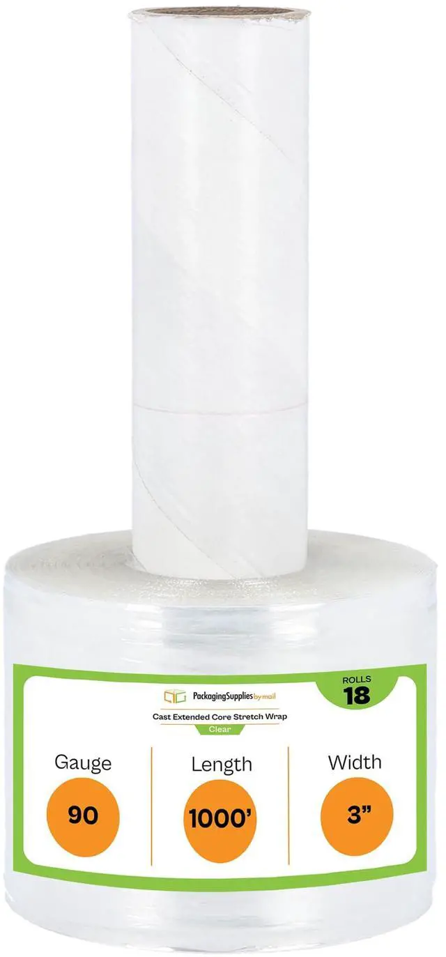 Main image of PSBM Mini Stretch Wrap with Extended Core Handles, 18 Rolls 3 Inch x 1000 Feet 90 Gauge Heavy Duty Clear Plastic Wrap Industrial Strength Shrink Film for Moving, Packing & Shipping
