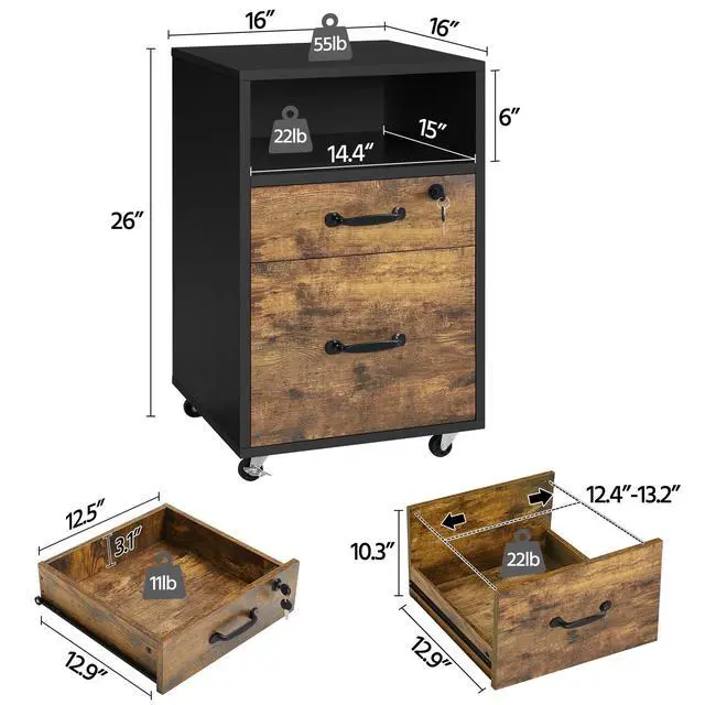 Alt view image 3 of 7 - 2-Drawer File Cabinet with Lock, Under Desk Storage, Rustic Brown | Lockable drawer holds hanging files; a small drawer and open shelf fit under a desk; rolls on casters, two-tone wood finish