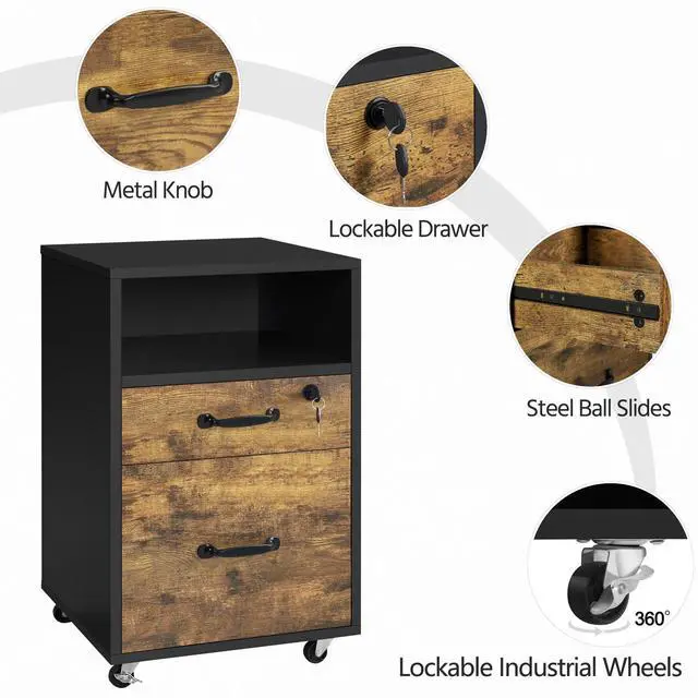 Alt view image 5 of 7 - 2-Drawer File Cabinet with Lock, Under Desk Storage, Rustic Brown | Lockable drawer holds hanging files; a small drawer and open shelf fit under a desk; rolls on casters, two-tone wood finish