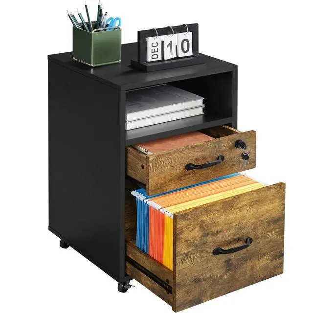 Alt view image 4 of 7 - 2-Drawer File Cabinet with Lock, Under Desk Storage, Rustic Brown | Lockable drawer holds hanging files; a small drawer and open shelf fit under a desk; rolls on casters, two-tone wood finish