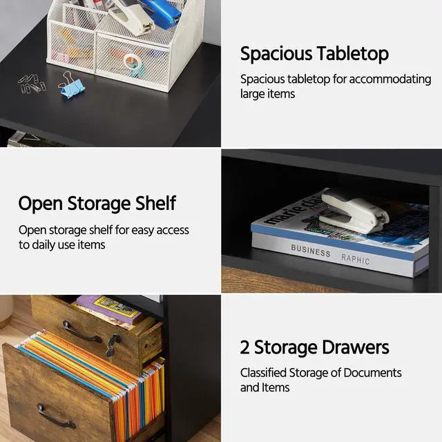 Alt view image 6 of 7 - 2-Drawer File Cabinet with Lock, Under Desk Storage, Rustic Brown | Lockable drawer holds hanging files; a small drawer and open shelf fit under a desk; rolls on casters, two-tone wood finish