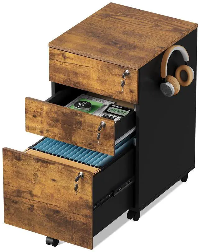 Main image of 3 Drawer Wood File Cabinet with Individual Locks, Rustic Brown | Mobile Printer Stand with Wheels, Wood Filing Cabinet for Home Office, Under Desk Storage for Letter/A4/Legal Size