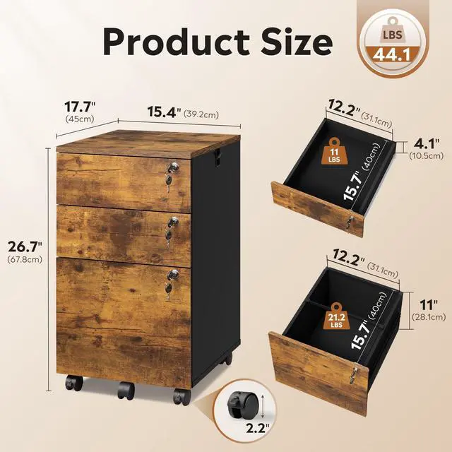 Alt view image 2 of 7 - 3 Drawer Wood File Cabinet with Individual Locks, Rustic Brown | Mobile Printer Stand with Wheels, Wood Filing Cabinet for Home Office, Under Desk Storage for Letter/A4/Legal Size