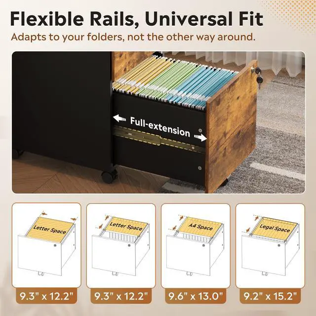 Alt view image 4 of 7 - 3 Drawer Wood File Cabinet with Individual Locks, Rustic Brown | Mobile Printer Stand with Wheels, Wood Filing Cabinet for Home Office, Under Desk Storage for Letter/A4/Legal Size
