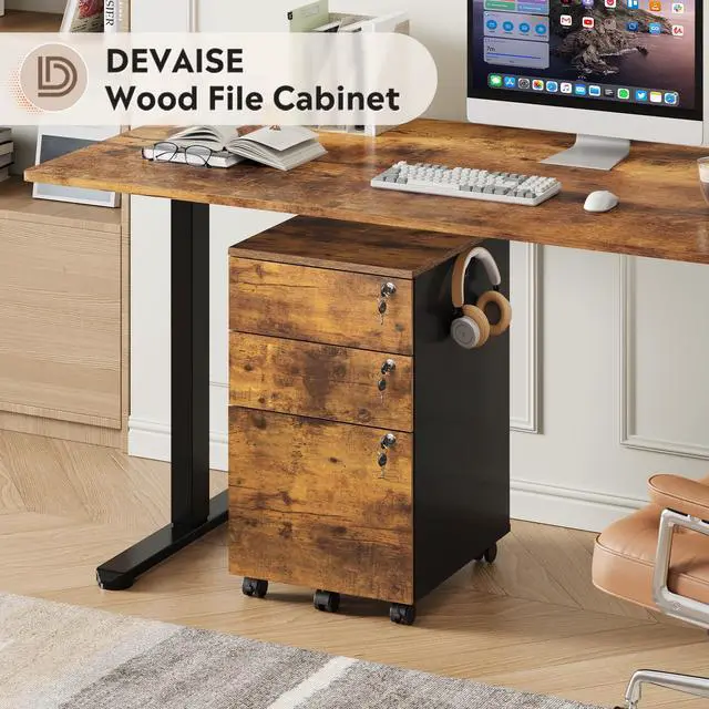 Alt view image 3 of 7 - 3 Drawer Wood File Cabinet with Individual Locks, Rustic Brown | Mobile Printer Stand with Wheels, Wood Filing Cabinet for Home Office, Under Desk Storage for Letter/A4/Legal Size