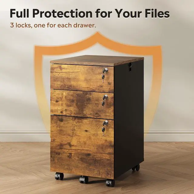 Alt view image 6 of 7 - 3 Drawer Wood File Cabinet with Individual Locks, Rustic Brown | Mobile Printer Stand with Wheels, Wood Filing Cabinet for Home Office, Under Desk Storage for Letter/A4/Legal Size