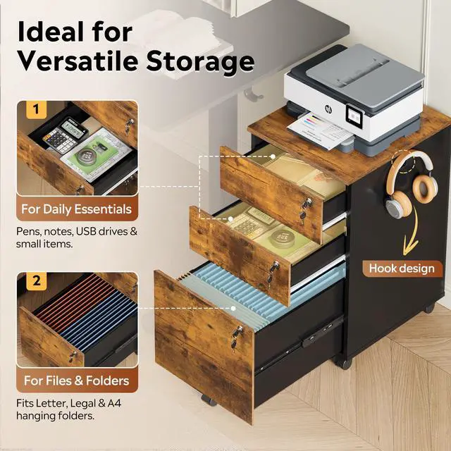 Alt view image 5 of 7 - 3 Drawer Wood File Cabinet with Individual Locks, Rustic Brown | Mobile Printer Stand with Wheels, Wood Filing Cabinet for Home Office, Under Desk Storage for Letter/A4/Legal Size