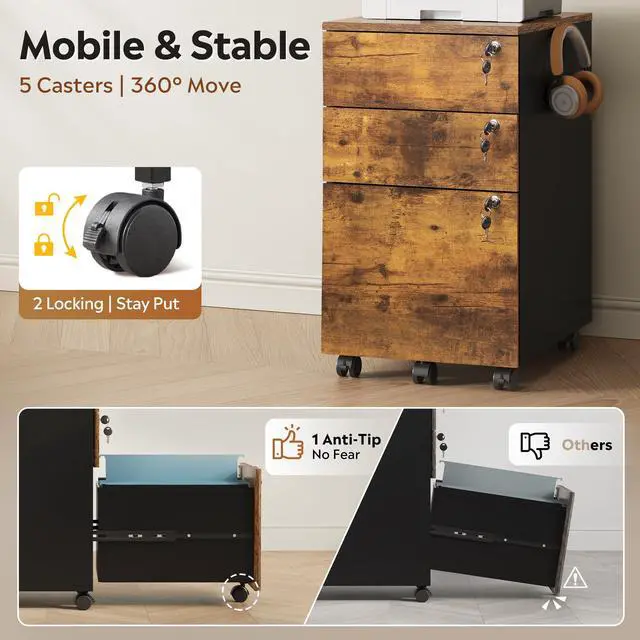 Alt view image 7 of 7 - 3 Drawer Wood File Cabinet with Individual Locks, Rustic Brown | Mobile Printer Stand with Wheels, Wood Filing Cabinet for Home Office, Under Desk Storage for Letter/A4/Legal Size