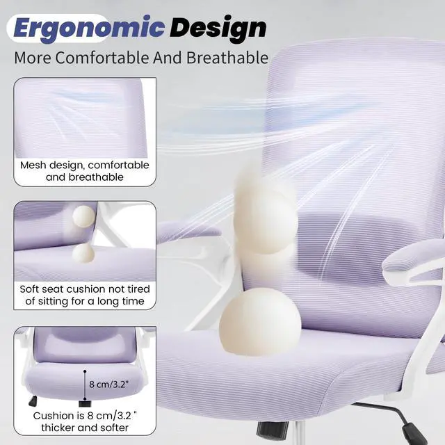 Alt view image 2 of 7 - Executive Office Chair with Adjustable Lumbar Support Flip-Up Arms,Lavender | Desk Chair Breathable Mesh Comfy Computer Chairs with Flip-up Armrests Executive Task Chair for Adults Home Office,400lbs