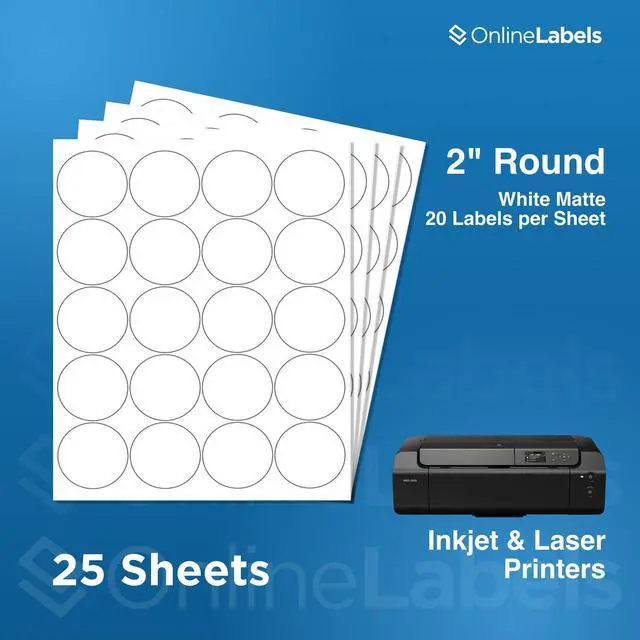 Alt view image 2 of 7 - 2 Inch Round Labels - Permanent, White Matte - Candle, Lid, Product, Favor Labels - Pack of 500 Circle Stickers, 25 Sheets - Inkjet/Laser Printers