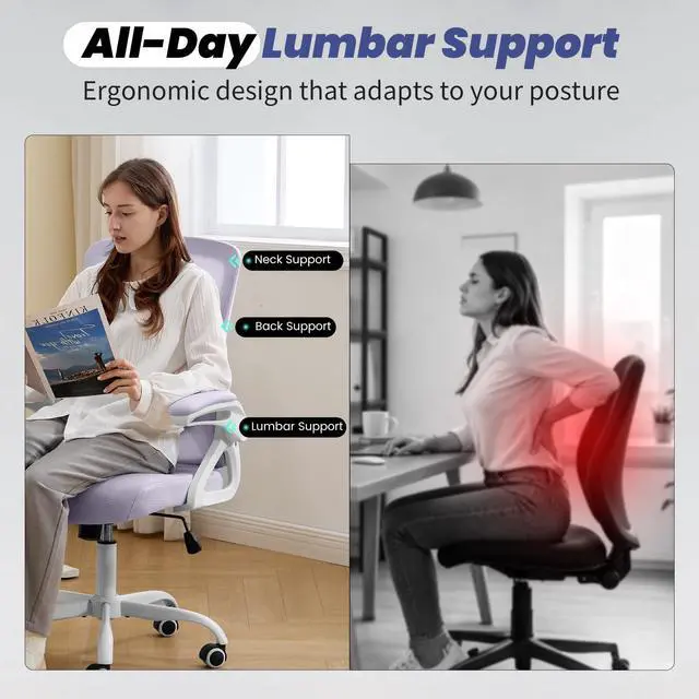Alt view image 3 of 7 - Executive Office Chair with Adjustable Lumbar Support Flip-Up Arms,Lavender | Desk Chair Breathable Mesh Comfy Computer Chairs with Flip-up Armrests Executive Task Chair for Adults Home Office,400lbs