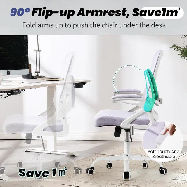 Alt view image 4 of 7 - Executive Office Chair with Adjustable Lumbar Support Flip-Up Arms,Lavender | Desk Chair Breathable Mesh Comfy Computer Chairs with Flip-up Armrests Executive Task Chair for Adults Home Office,400lbs