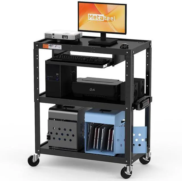 Main image of Extra-Large 3-Tier Utility Cart with Built-in Power Strip Heavy-Duty 14-Gauge Steel Rolling Cart for Office, Workshop, or Classroom 300 Lb Capacity (34" x 18" x 41.75")