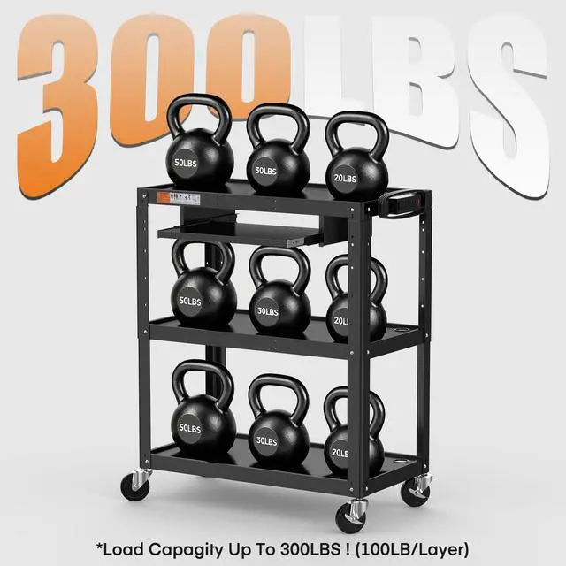 Alt view image 3 of 7 - Extra-Large 3-Tier Utility Cart with Built-in Power Strip Heavy-Duty 14-Gauge Steel Rolling Cart for Office, Workshop, or Classroom 300 Lb Capacity (34" x 18" x 41.75")
