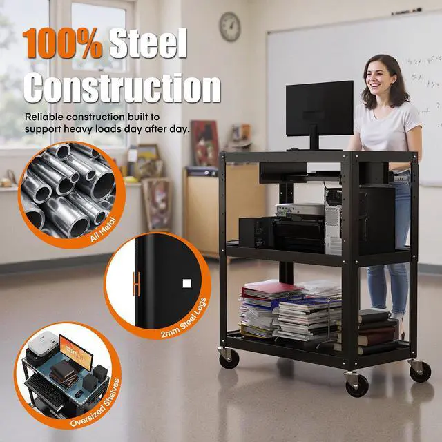 Alt view image 2 of 7 - Extra-Large 3-Tier Utility Cart with Built-in Power Strip Heavy-Duty 14-Gauge Steel Rolling Cart for Office, Workshop, or Classroom 300 Lb Capacity (34" x 18" x 41.75")