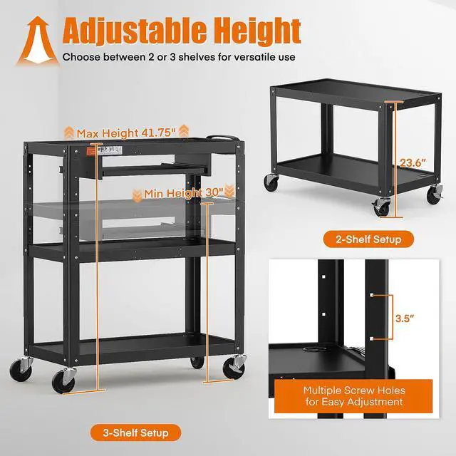 Alt view image 4 of 7 - Extra-Large 3-Tier Utility Cart with Built-in Power Strip Heavy-Duty 14-Gauge Steel Rolling Cart for Office, Workshop, or Classroom 300 Lb Capacity (34" x 18" x 41.75")