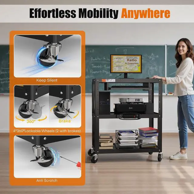 Alt view image 5 of 7 - Extra-Large 3-Tier Utility Cart with Built-in Power Strip Heavy-Duty 14-Gauge Steel Rolling Cart for Office, Workshop, or Classroom 300 Lb Capacity (34" x 18" x 41.75")