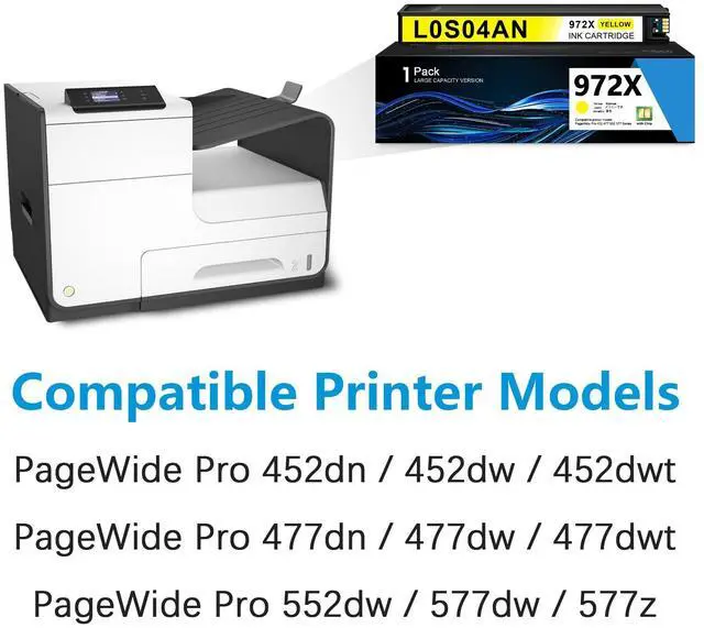 Alt view image 2 of 7 - 972X Ink Cartridge Yellow 1Pack with Chip Compatible Replacement for HP972X | Yellow Ink Cartridge 972A use with PageWide Pro 452dn 452dw 452dwt 477dn 477dw 477dwt 552dw 577dw 577z Printer | L0S04AN