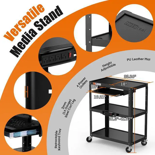 Alt view image 7 of 7 - Extra-Large 3-Tier Utility Cart with Built-in Power Strip Heavy-Duty 14-Gauge Steel Rolling Cart for Office, Workshop, or Classroom 300 Lb Capacity (34" x 18" x 41.75")