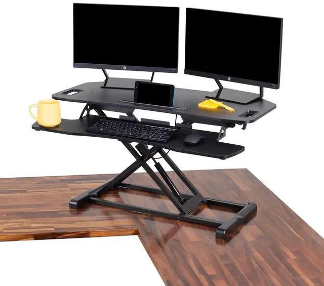 Main image of Flexpro Hero Corner Standing Height Adjustable 37 inch Desk Converter, for Cubicles & L-Shaped Desks, 2 Level Sit to Stand Workspace with Keyboard Shelf & Monitor Riser, (Black, 37 x 18 x 4.5 to 20)