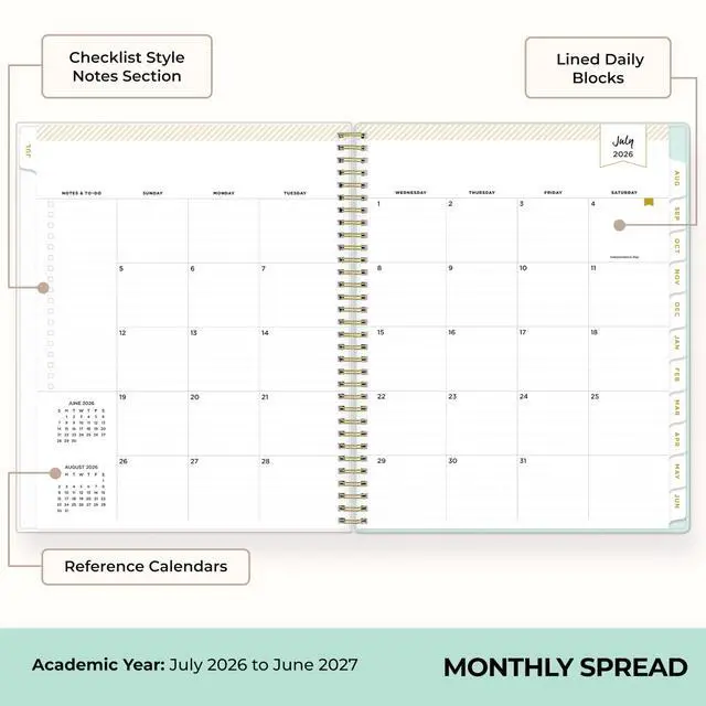 Alt view image 4 of 7 - 2026-2027 Weekly & Monthly Academic Planner, 8.5"x11" | July 2026 - June 2027, Secret Garden Mint, Flexible Cover, Tabs, Storage Pocket, Stickers, Academic Year, Day Designer