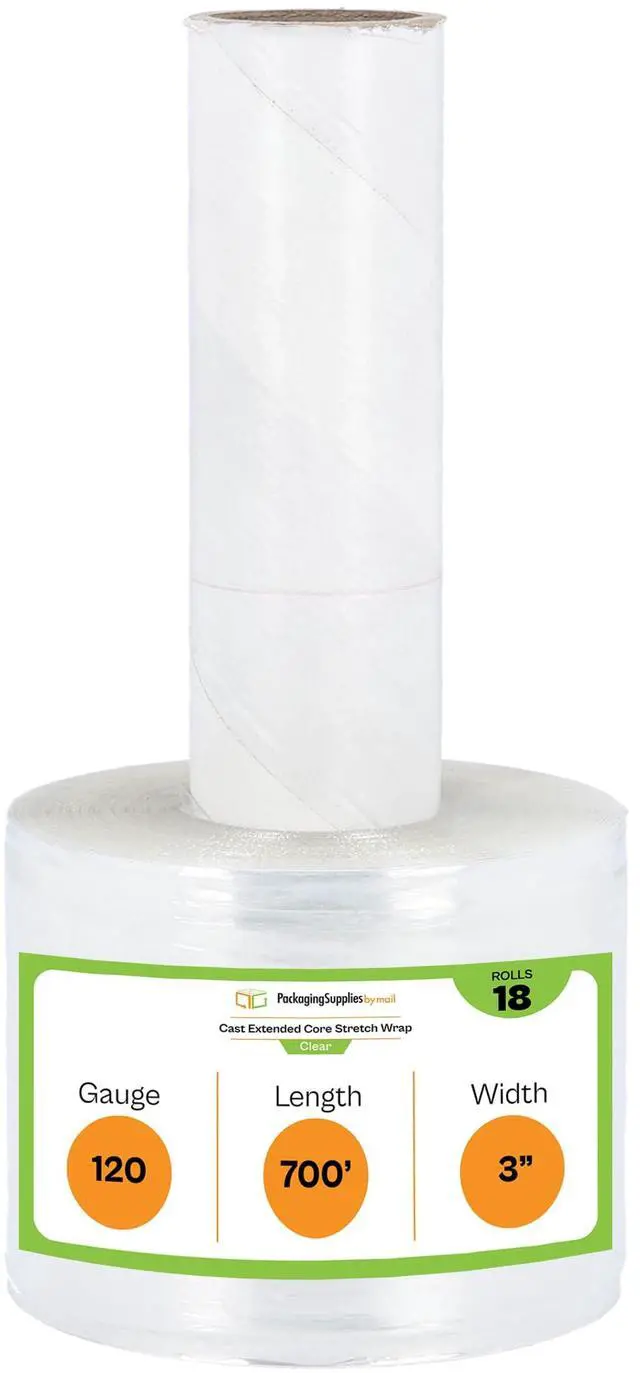 Main image of PSBM Mini Stretch Wrap with Extended Core Handles, 18 Rolls 3 Inch x 700 Feet 120 Gauge Heavy Duty Clear Plastic Wrap Industrial Strength Shrink Film for Moving, Packing & Shipping