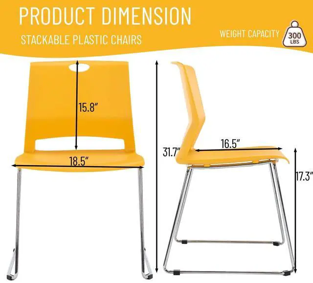 Alt view image 3 of 6 - Yellow Waiting Room Chairs, Hard Plastic Stackable Chairs Set of 4 | Durable Hard Plastic & Chrome Sled Base, Ideal Dining Room Chairs, Office Guest Chair, Classroom Chairs or Restaurant Chairs
