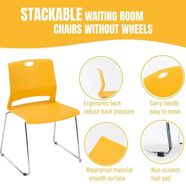 Alt view image 4 of 6 - Yellow Waiting Room Chairs, Hard Plastic Stackable Chairs Set of 4 | Durable Hard Plastic & Chrome Sled Base, Ideal Dining Room Chairs, Office Guest Chair, Classroom Chairs or Restaurant Chairs