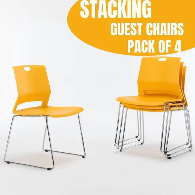 Alt view image 5 of 6 - Yellow Waiting Room Chairs, Hard Plastic Stackable Chairs Set of 4 | Durable Hard Plastic & Chrome Sled Base, Ideal Dining Room Chairs, Office Guest Chair, Classroom Chairs or Restaurant Chairs